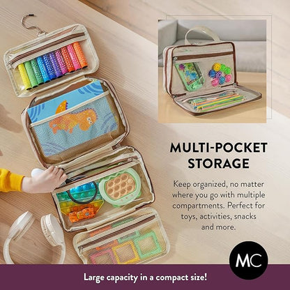 Kids Travel Organizer – Multi-Compartment, Water-Resistant Hanging Bag for Toys, Snacks, & Activities - Compact, Lightweight Design with Hook & Carry Handle - Perfect for Travel Use (Beige, Small)