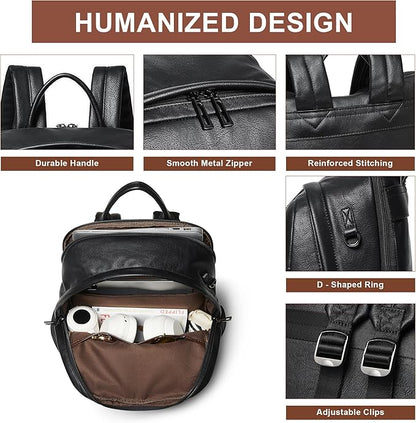 Leather Backpack for Women, Fits 15.6 Inch Laptop, Soft Vegan Leather Backpack for Travel and Daily Use, Black