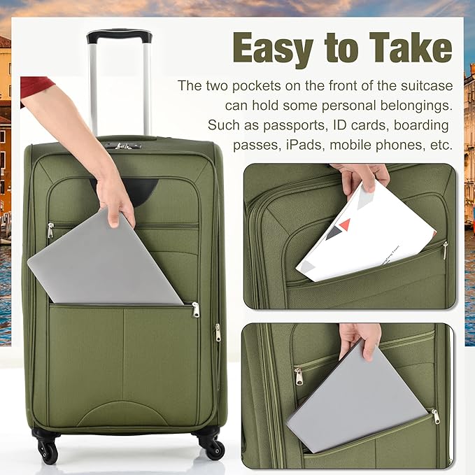 Merax Softside Luggage Set Softshell Lightweight 3 Piece Spinner Suitcase with Duffel Bag Expandable Upright Travel Luggage 22" 26" 30",Army Green