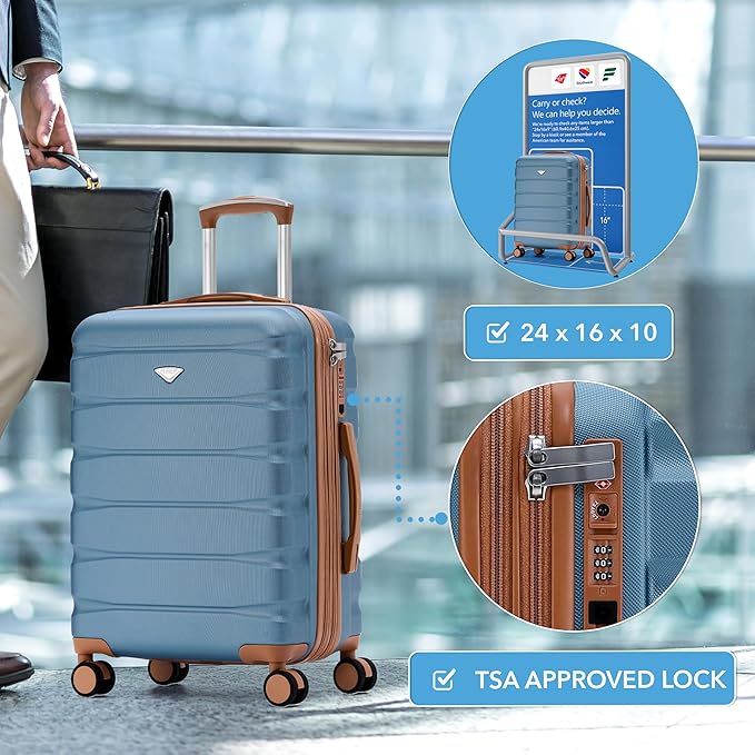 Flight Knight 24x16x10 Expandable Carry On Suitcase Hardside TSA Lock USB C Lightweight Luggage Silent Double Spinner Wheels Maximum Overhead Carry-On Bag For Virgin & South West Approved Airlines