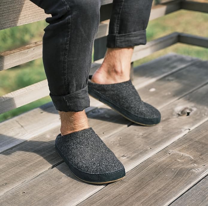 OLUKAI Hamani Hulu Men's Wool Mule Slippers, Soft & Comfortable Slippers with Premium Materials, Sheepskin Shearling & Italian Felt, All-Day Wear