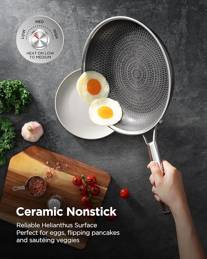 Non Stick Frying Pans Hybrid Ceramic With Lid, 12 Inch Tri-Ply Stainless Steel Skillet, Non-Toxic, PFAS/PFOA/PTFE Free, Metal Utensil Safe, Dishwasher & Oven Safe,Induction Compatible