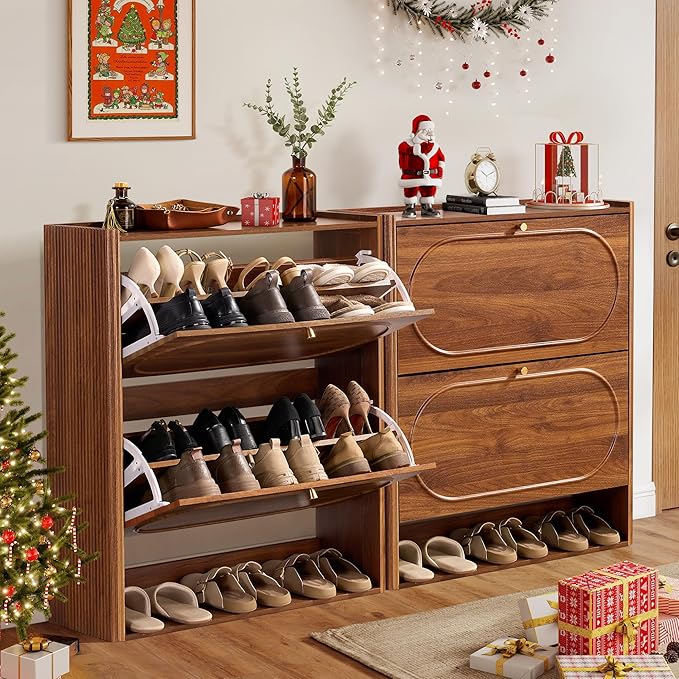 ORRD Shoe Storage Cabinet with 2 Flip Drawers Set of 2, Wood Narrow Shoe Cabinet for Entryway, Fluted Hidden Shoe Organizer, Freestanding Slim Shoes Cabinets for Foyer, Hallway-Walnut