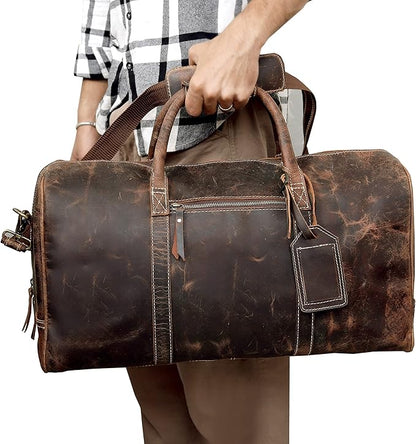 Leather 24 Inch Duffle Bag for Men and Women Large Carry On Luggage Weekender Travel Overnight Gym Sports Bag for Airplanes