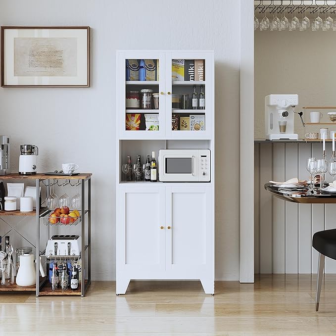 69" Tall Modern Metal Pantry Cabinet with Microwave Stand, Freestanding Linen Cabinet for Bathroom, Kitchen, Dining & Living Room, Kitchen Hutch & Coffee Bar(Glass)
