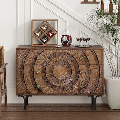Farmhouse 6-Drawer Dresser, Accent Wooden Chest of Drawers with Circle Pattern and Radioactive Wood Lines,Accent Storage Dresser for Living Room, Bedroom, Brown