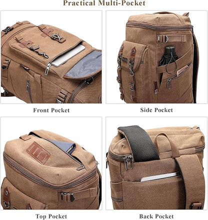 WITZMAN Travel Backpack for Men Women Canvas Backpack Carry on Luggage Rucksack Convertible Duffel Bag Large (A568 Brown)