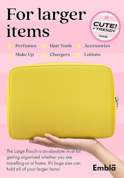 Embla Makeup Bag Travel Cosmetics Pouch and Toiletry Bag, Nylon Zipper Pouch Purse, Cute Make Up Organizer Storage Tote for Women Girls, Waterproof Travel Skincare Case, Large Makeup Bags, Lemon