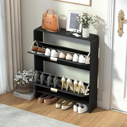 Wood Shoe Storage Cabinet with 2 Flip Drawer, Mid-Century Modern Shoe Cabinet Arched Fluted Pattern, Hidden Narrow Curved Corner Shoe Organizer for Entryway, Living Room (Black, No-Divider)