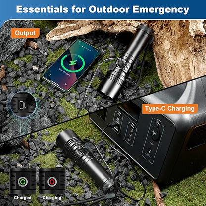 Philips Flashlights High Lumens Rechargeable with Ignition Lens,2500lm Tactical Flashlights with Camping Lamp,2 Colors Zoomable 5Modes Reverse Charging LED Bright Flashlight for Home Outdoor Gift