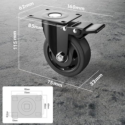 3 Inch Caster Wheels Heavy Duty with Brake, Casters Set of 4, Castors 1000 Lbs, Locking Industrial Swivel Top Plate Casters Wheels for Furniture and Workbench Cart(Two Hardware Kits Include)