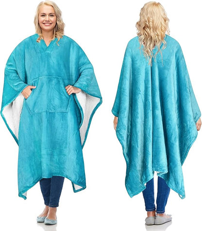 Catalonia Sherpa Wearable Blanket Poncho for Adult Women Men, Wrap Blanket Cape with Pocket, Warm, Soft, Cozy, Snuggly, Comfort Gift, No Sleeves, Aqua