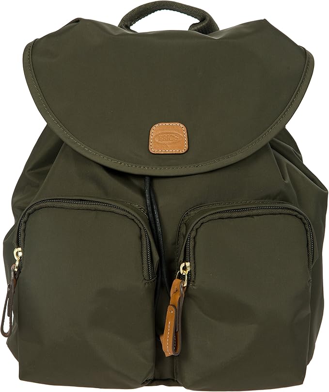 Bric's X-Travel Piccolo City Backpack 10", Water-Resistant Satin Nylon Daypack with Leather Details, Drawstring Closure, Adjustable Straps and Multi-Pocket Organization - Olive