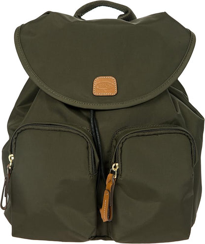 Bric's X-Travel Piccolo City Backpack 10", Water-Resistant Satin Nylon Daypack with Leather Details, Drawstring Closure, Adjustable Straps and Multi-Pocket Organization - Olive