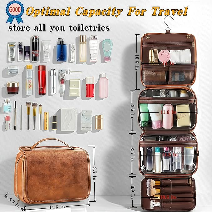 3-in-1 Hanging Toiletry Bag for Men - Spacious PU Leather Dopp Kit, Waterproof Shaving Bag with Grooming Compartments for Weekend Getaways, Daily Use, Gift for Him (Black)