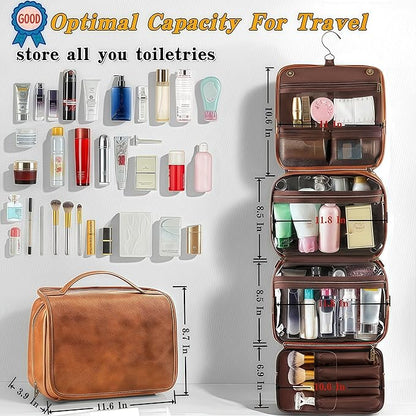 3-in-1 Hanging Toiletry Bag for Men - Spacious PU Leather Dopp Kit, Waterproof Shaving Bag with Grooming Compartments for Weekend Getaways, Daily Use, Gift for Him (Black)