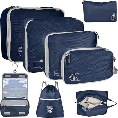 8 Set Expandable Compression Packing Cubes for Suitcases Travel Essentials Carry On Waterproof Storage Bag With Dry And Wet Separation Dark Blue