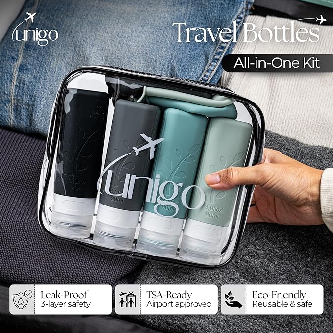 unigo Travel Bottles For Toiletries, 3 oz TSA Approved Containers, Travel Size Toiletries, Shampoo and Conditioner Bottles, Leak Proof and Refillable Bottles, BPA Free, Extra Bottle Covers (Gray)