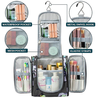 PAVILIA Toiletry Bag Travel Bag for Women Men, Hanging Cosmetic Organizer, Water Resistant Makeup Bag for Accessories Toiletries, Large Travel Essentials Kit (Floral Grey)