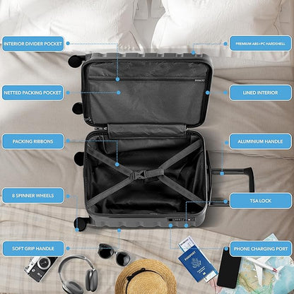 Flight Knight 21.5x15.5x9" Expandable Carry On Suitcase Hardside TSA Lock & USB C Port Lightweight Luggage Silent Double Spinner Wheels Maximum Canada Air Overhead Carry-On Bag Many Airlines Approved