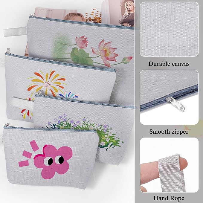 10 Pieces Cotton Canvas Makeup Bag with Bottom and Strap, Multi-Purpose Cosmetic Bag with Zipper Travel Toiletry Pouch, Blank DIY Craft Bag (Grey, L)