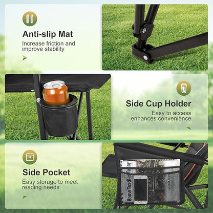 LET'S CAMP Oversized Camping Chairs 29.52" High Back Heavy Duty Lawn Chair Support 500LBS, Portable Collapsible Chair with Cup Holder, Side Pocket,2 Pack(Black)