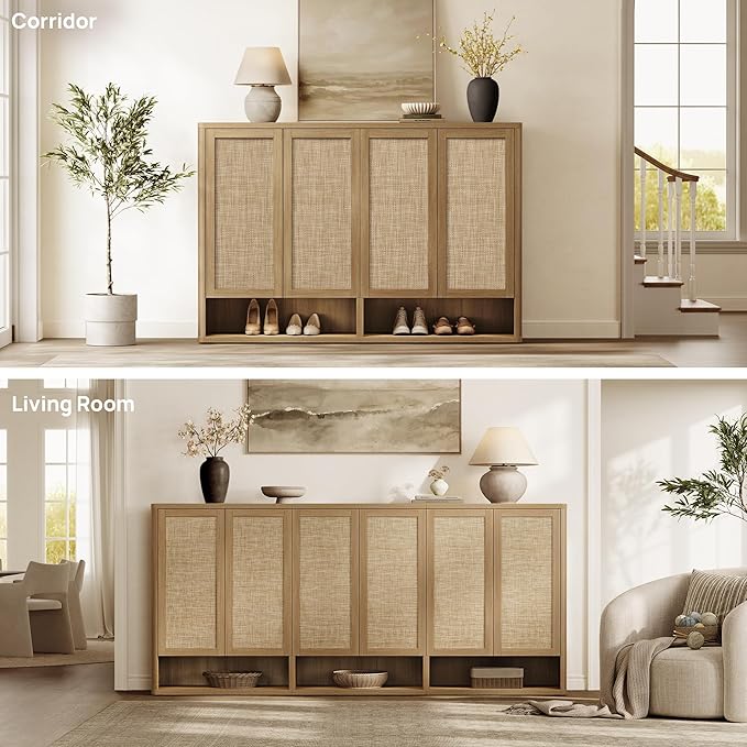 SICOTAS Rattan Shoe Storage Cabinet - Modular Shoe Cabinets with Door Tall Large Shoe Cabinet Storage for Entryway - 65.6" Wide Modular Cabinet for Hallway, Living Room