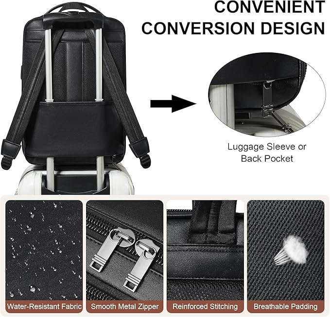 Shrrie Vegan Leather Laptop Backpack for Women&Men,16 Inch Expandable Backpack with USB Charging Port,Two-toned Black