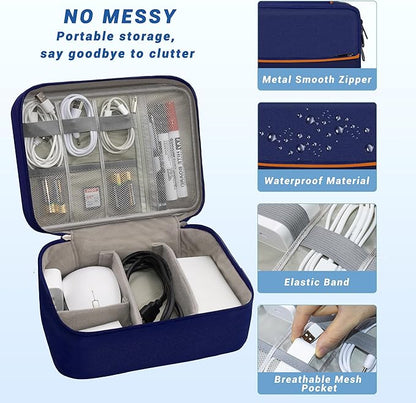 Electronics Organizer,Travel Cord Organizer Pouch, Portable Cable Organizer Bags, Waterproof Electronic Accessories Storage Case for Cables, Cords, Charger, Phone (Double Layer-NavyBlue)