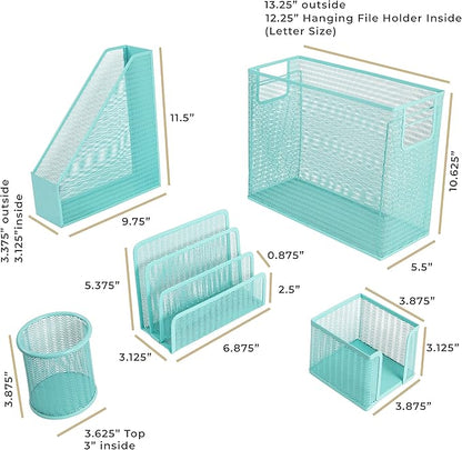 BLU MONACO Aqua Desk Organizer Set | 5-Piece Metal Office Supplies Set with Hanging File Organizer, Magazine Holder, Pen Cup, Sticky Note Holder & Letter Sorter | Cute Aqua Desk Accessories for Women