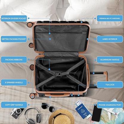 Flight Knight 22x14x9 Expandable Carry On Suitcase Hardside TSA Lock USB C Port Lightweight Luggage Silent Double Spinner Wheels Maximum Overhead Carry-On Bag For American & United Approved Airlines