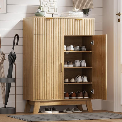 Shoe Cabinet Storage for Entryway with Doors, 4 Tier Fluted Shoe Organizer with 2 Drawers, Entryway Shoe Storage with Adjustable Shelves, Freestanding Hidden Shoe Rack for Front Door Entrance, Oak
