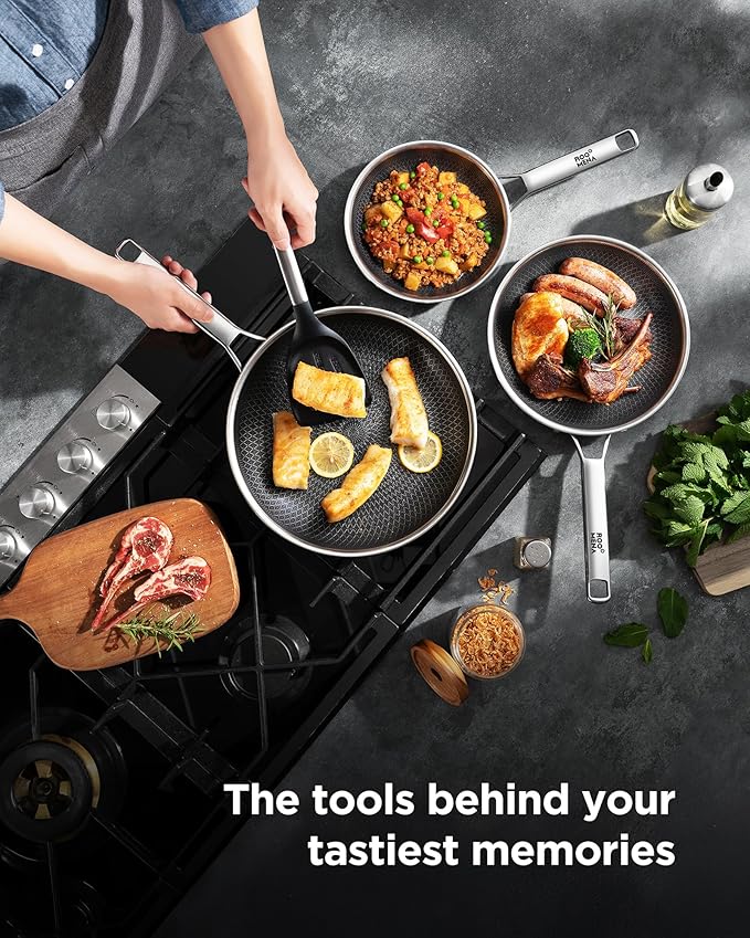 Non Stick Frying Pans Hybrid Ceramic With Lid, 12 Inch Tri-Ply Stainless Steel Skillet, Non-Toxic, PFAS/PFOA/PTFE Free, Metal Utensil Safe, Dishwasher & Oven Safe,Induction Compatible