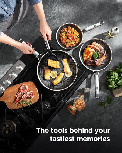 Non Stick Frying Pans Hybrid Ceramic With Lid, 12 Inch Tri-Ply Stainless Steel Skillet, Non-Toxic, PFAS/PFOA/PTFE Free, Metal Utensil Safe, Dishwasher & Oven Safe,Induction Compatible