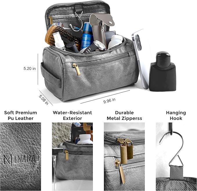 MINARAI-Mens Toiletry Bag with Razor Case– Premium Leather-Look Hygiene Bag for men with Wide-Open Access, Hanging Design, and Strong Structure– Built for Travel, Gym, and Everyday Organization– GREY