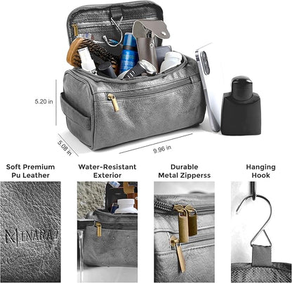 MINARAI-Mens Toiletry Bag with Razor Case– Premium Leather-Look Hygiene Bag for men with Wide-Open Access, Hanging Design, and Strong Structure– Built for Travel, Gym, and Everyday Organization– GREY