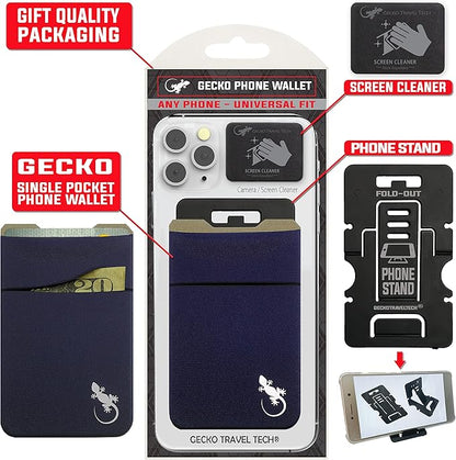 Gecko Travel Tech Double Pocket - Adhesive Card Holder - Cell Phone Pouch - Stick on Spandex Pocket - Carry Credit Cards and Cash (Navy)