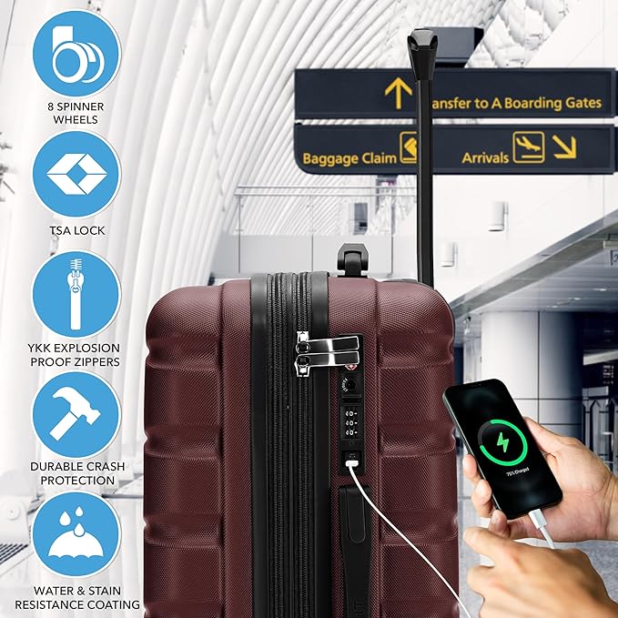 Flight Knight 22x14x9" Expandable Carry On Suitcase Hardside TSA Lock USB C Port Lightweight Luggage Silent Double Spinner Wheels Maximum Overhead Carry-On Bag For American & United Approved Airlines