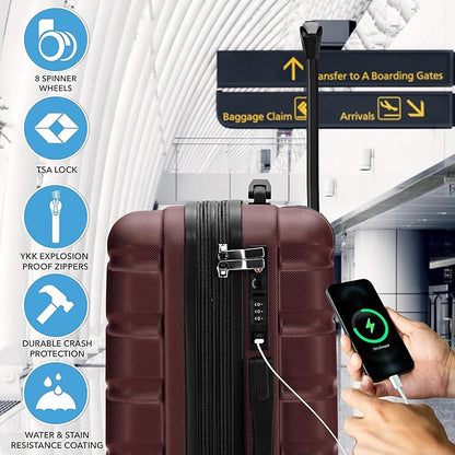 Flight Knight 22x14x9" Expandable Carry On Suitcase Hardside TSA Lock USB C Port Lightweight Luggage Silent Double Spinner Wheels Maximum Overhead Carry-On Bag For American & United Approved Airlines