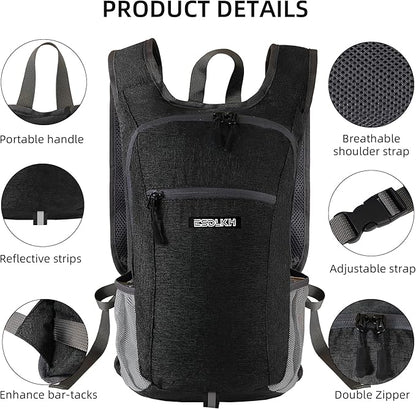 Small Hiking Backpack with Detachable Front Phone Holder, Foldable Packable Back pack with Chest and Waist Strap, Lightweight Daypack for Women Men (Black, 15L)