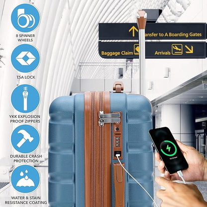 Flight Knight 22x14x9" Expandable Carry On Suitcase Hardside TSA Lock USB C Port Lightweight Luggage Silent Double Spinner Wheels Maximum Overhead Carry-On Bag For American & United Approved Airlines