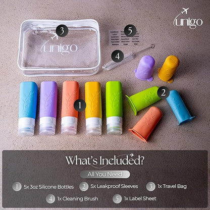 unigo Travel Bottles For Toiletries, 5-pack 3.oz TSA Aprroved Travel Size Bottles, Containers For Toiletries, BPA Free, Leak Prrof, Refillable Containers Bottles (Multicolor B)