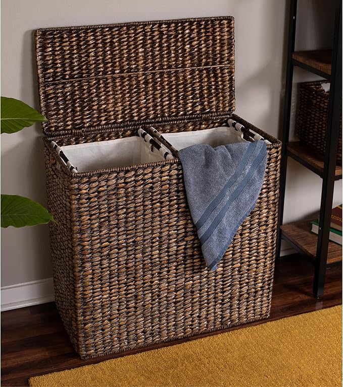 BIRDROCK HOME Oversized Dual Hampers with Lid - Handwoven Natural Seagrass Fiber Compartment Laundry Hamper w/Dual Removable Liners Bag - Split/Two Side Basket for Dirty Laundry, Clothes - Brown Wash