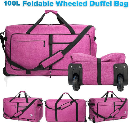 Bago Rolling Duffle Bag with Wheels - 30" 100L Foldable Weekender Bag, Waterproof Travel Duffel Bag, Heavy Duty Lightweight Duffle Bag for Traveling, Rolling Duffel Bag with Wheels (SnowPurple2024)
