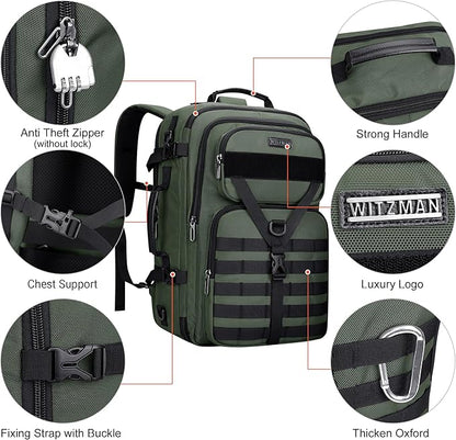 WITZMAN Carry On Travel Backpack for Men Large Convertible 45L Fit 17 Inch Laptop Backpack 3 in 1 Bag for Airline Approved(B688 Army Green)