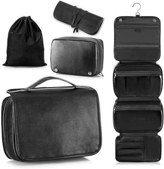 3-in-1 Hanging Toiletry Bag for Men - Spacious PU Leather Dopp Kit, Waterproof Shaving Bag with Grooming Compartments for Weekend Getaways, Daily Use, Gift for Him (Black)