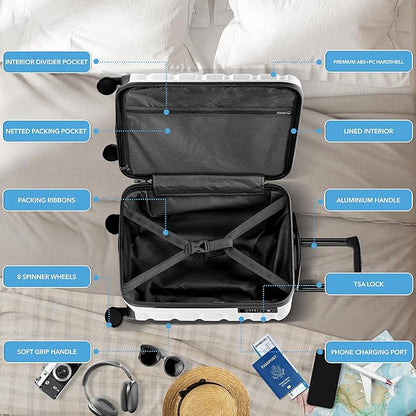 Flight Knight 21.5x15.5x9" Expandable Carry On Suitcase Hardside TSA Lock & USB C Port Lightweight Luggage Silent Double Spinner Wheels Maximum Canada Air Overhead Carry-On Bag Many Airlines Approved