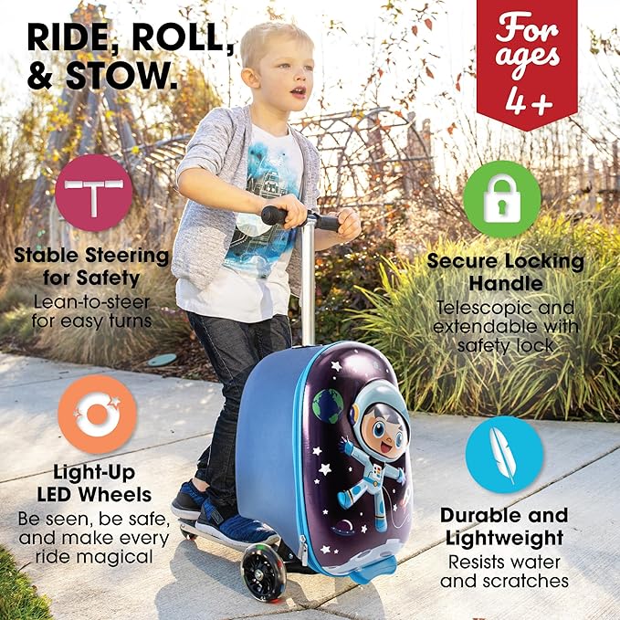 KIDDIETOTES 3-D Hardshell Luggage Scooter for Kids - Lightweight Rideable Luggage for kids - Fits in Overhead Bins - LED Light Up Wheels