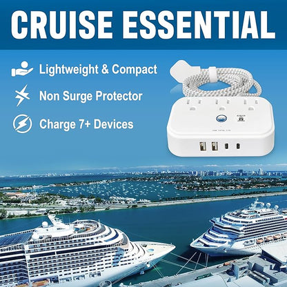 Cruise Approved Power Strip Non Surge Protector with 3.3 ft Travel Extension Cord and USB Ports [2 USB, 2 USB-C, 3 AC] Cruise Ship Essentials for Carnival, Princess, & Major Cruise Lines 2025 & 2026