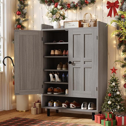 Entrance Shoe Cabinet with Doors,6-Tier Farmhouse Shoe Storage Organizer with Adjustable Shelves Holds 18-28 Pairs and Metal Legs, Entry Organizer Entryway, Living Room (Grey)